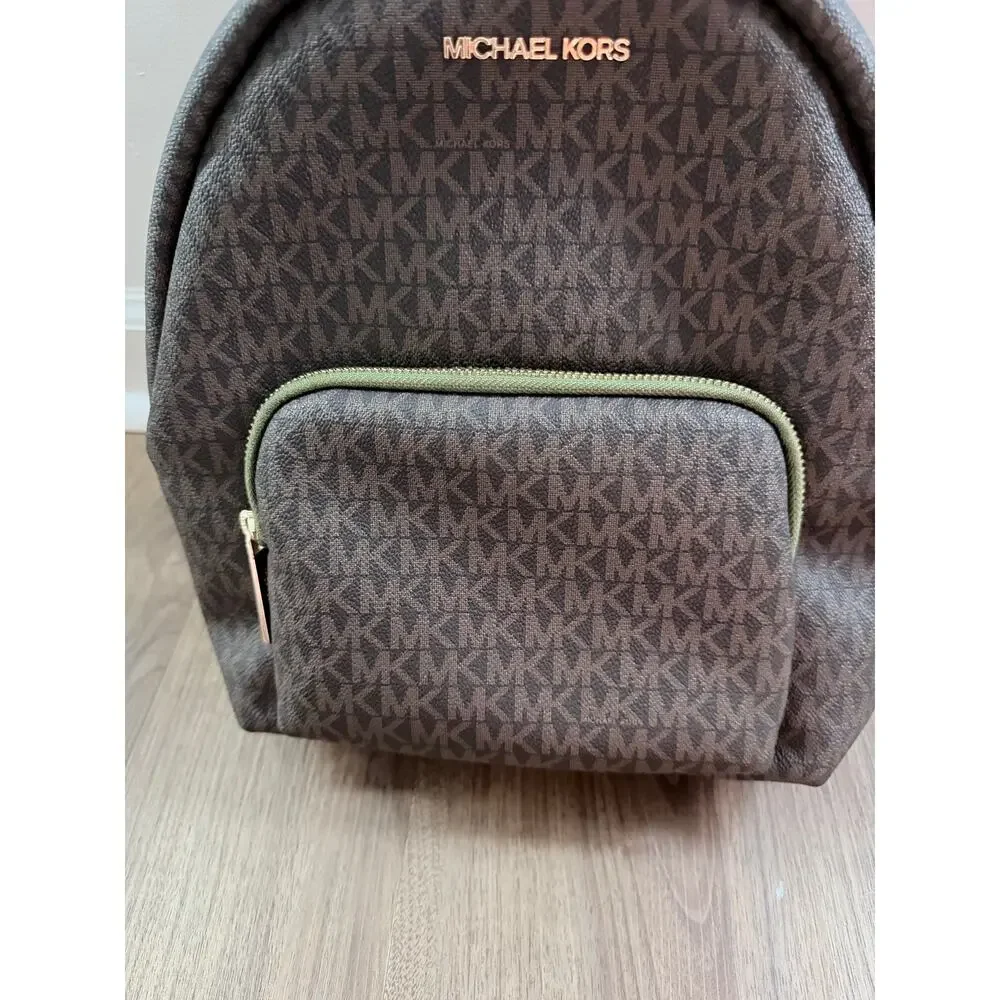 Michael Kors Erin Medium Brown MK Logo Green Trim Backpack